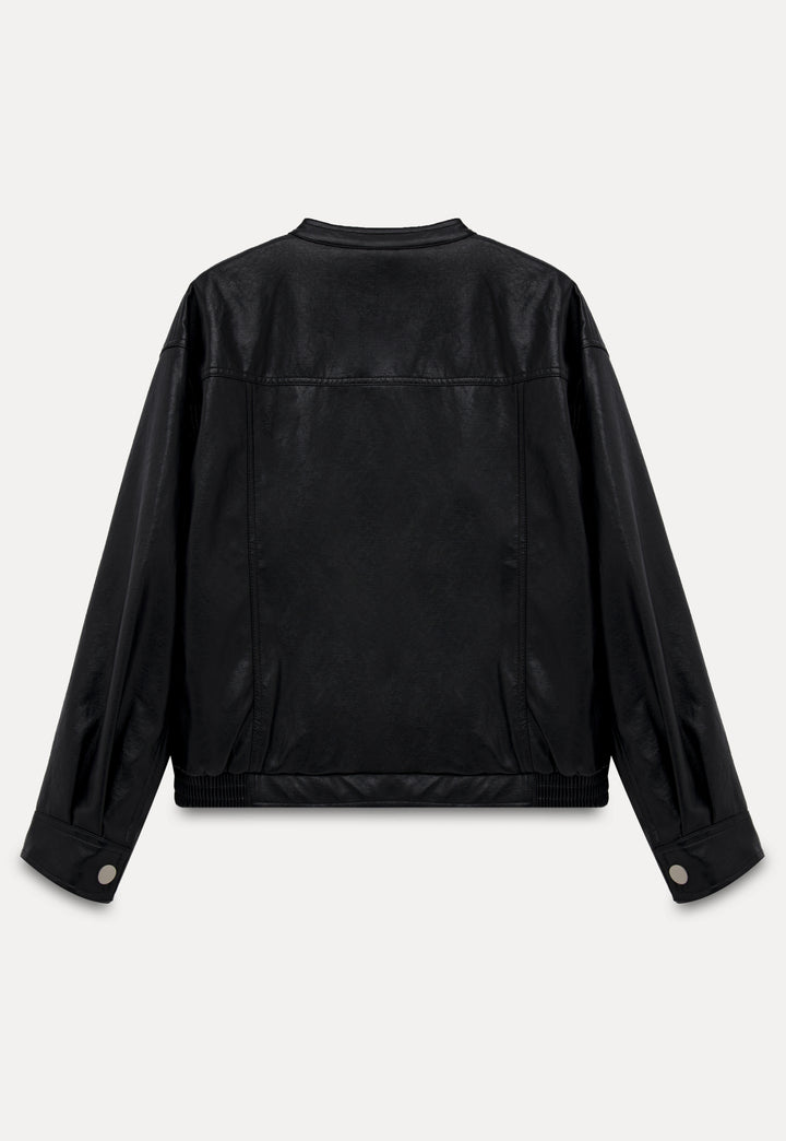 Women's Black Faux Leather Bomber Jacket