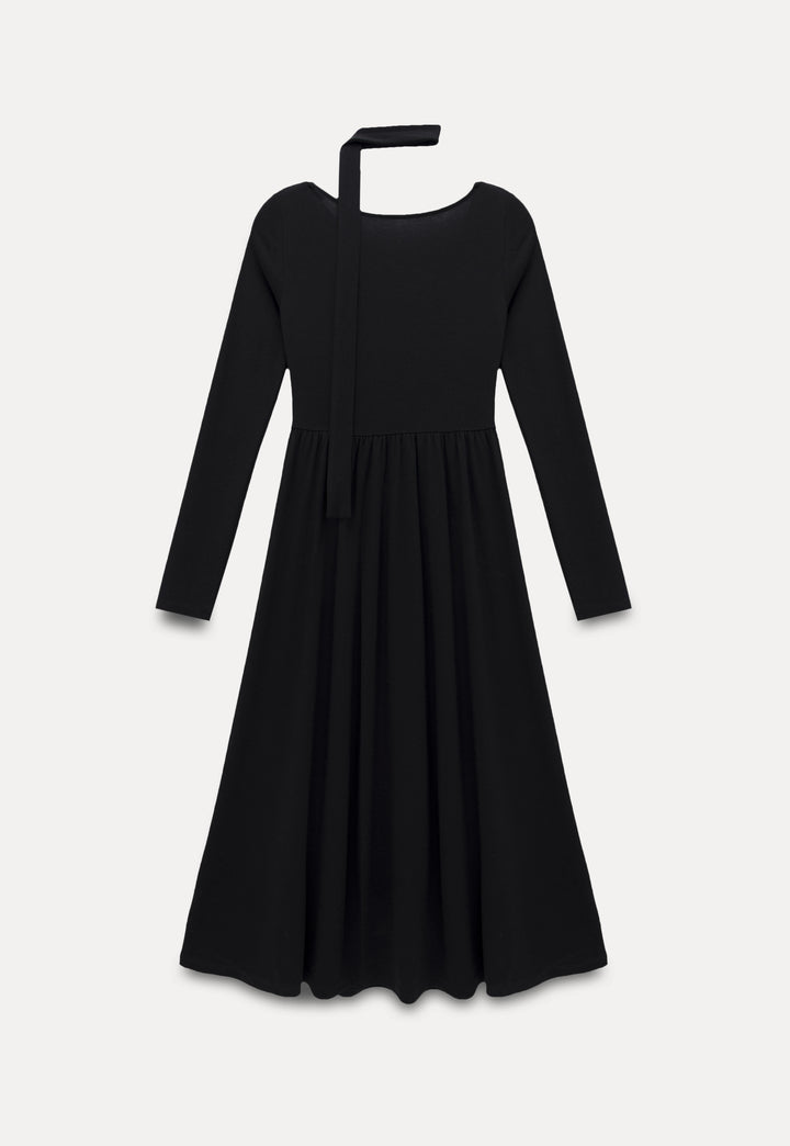 Women’s Long Sleeve Black Asymmetrical Neckline Midi Dress