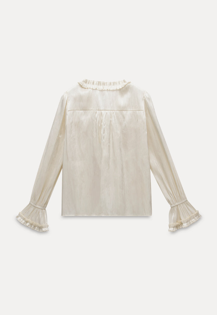 Elegant Ruffled Satin Tie-Front Long Sleeve Blouse