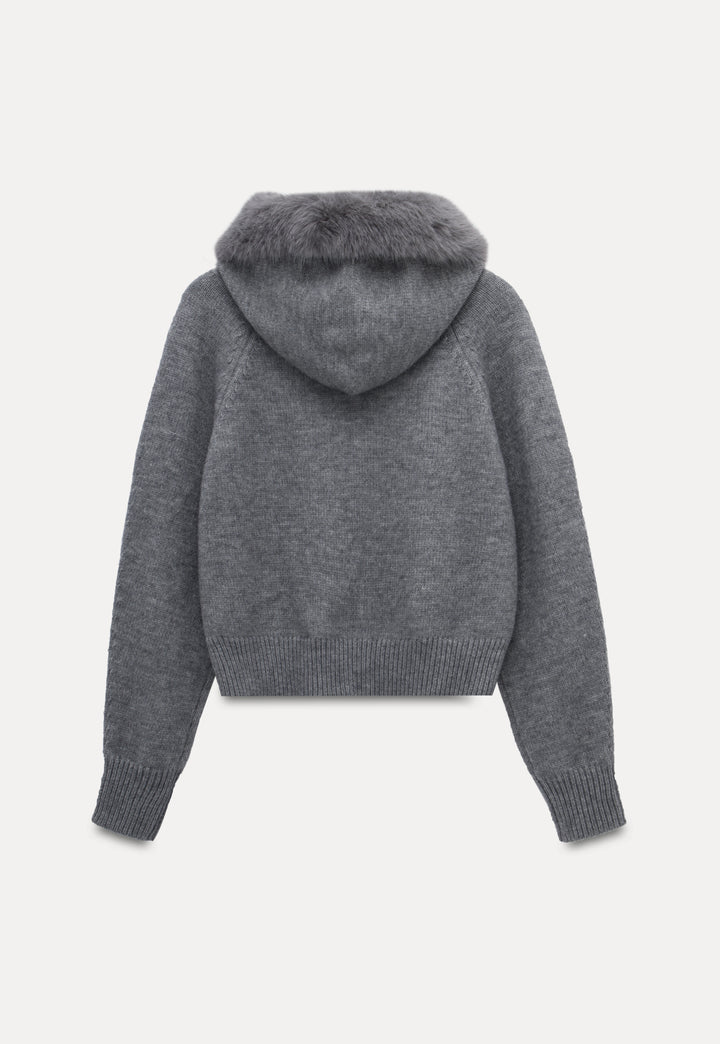 Premium Fur Collar Zippered Hooded Sweater Jacket