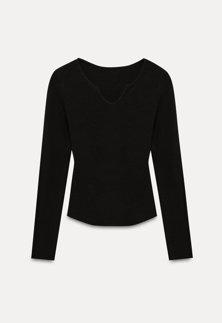 Classic Black V-Neck Knit Long Sleeve Top