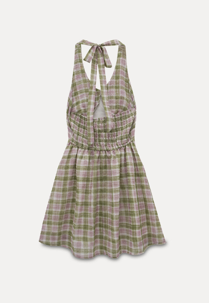 Plaid Halter Neck Dress with Tie Detail