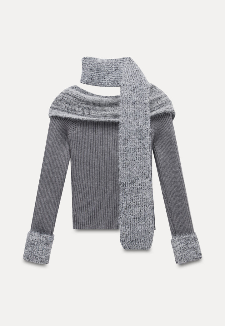 Women’s Off-Shoulder Plush Sweater with Scarf and Turn-Down Collar