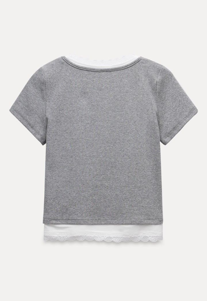 Women's Layered Lace-Trimmed Henley Tee