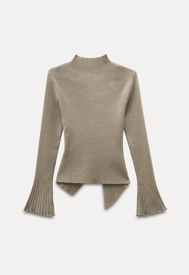 Ribbed High- Neck Sweater with Flared Sleeves