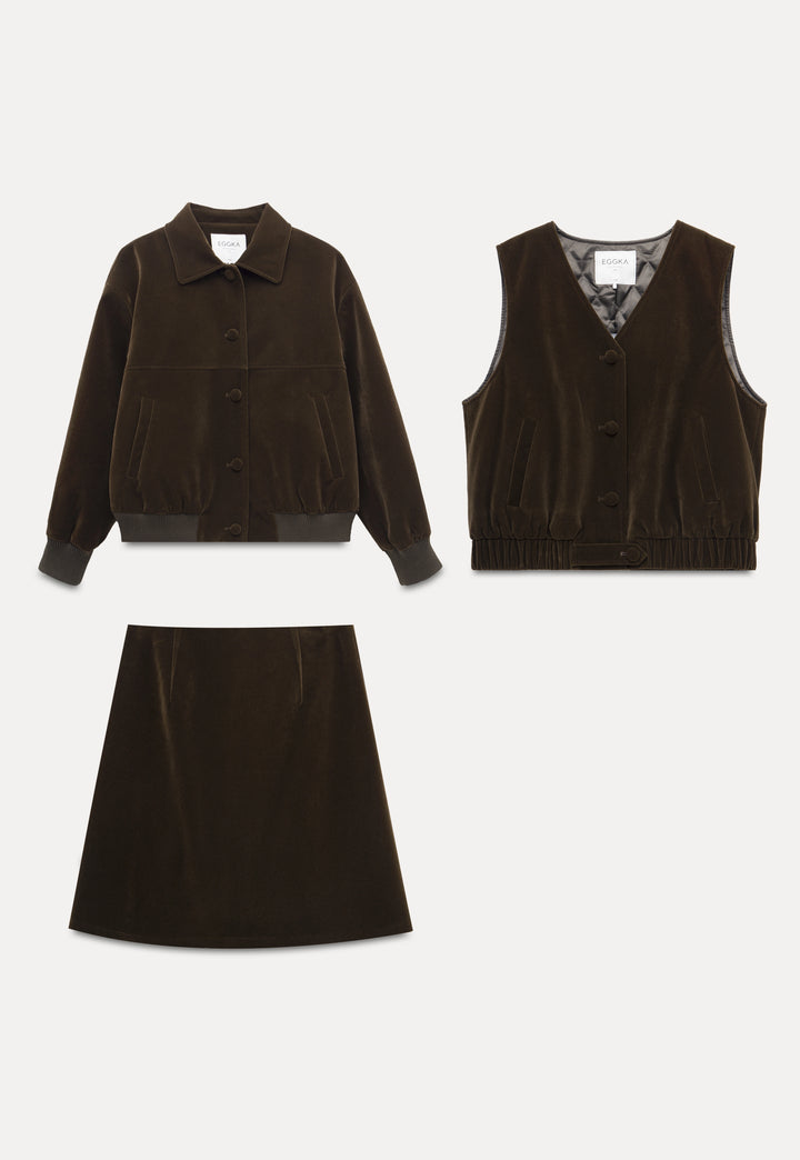 intage Chic Velvet Set: Loose Cropped Jacket, Layered Vest & A-Line Skirt