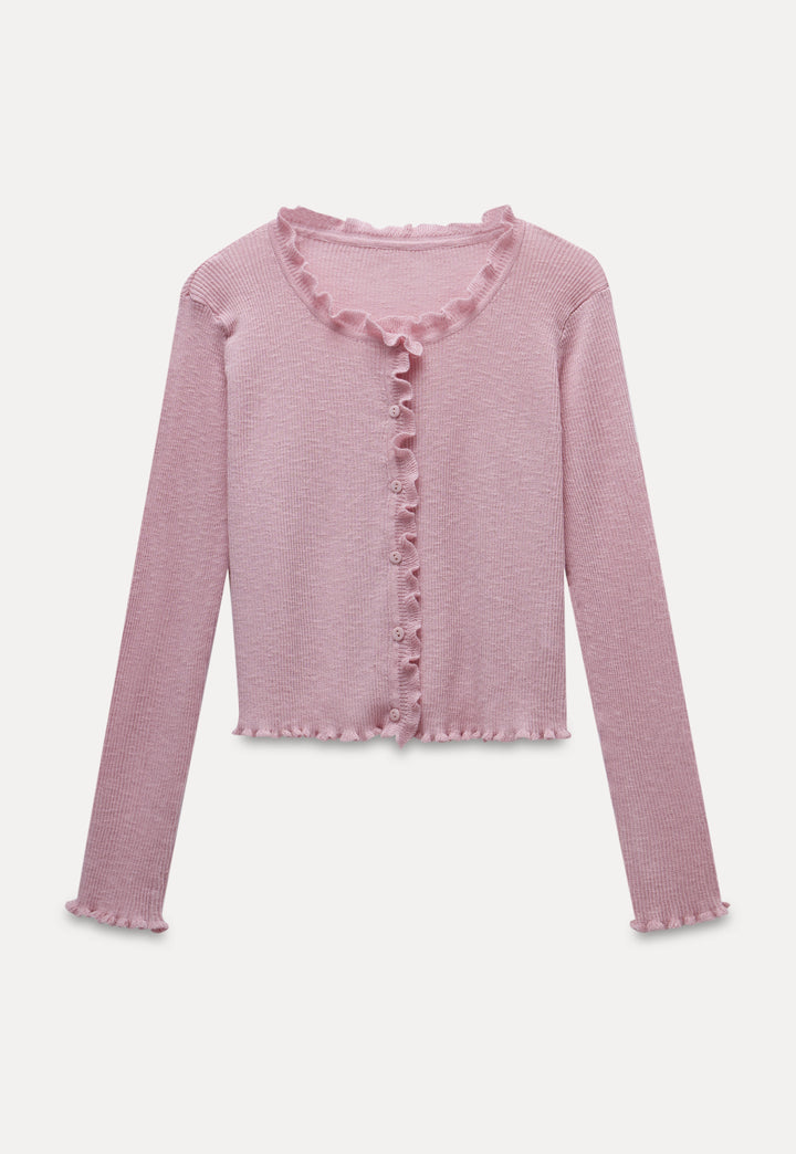 Ruffled Trim Ribbed Knit Cardigan with Button Front