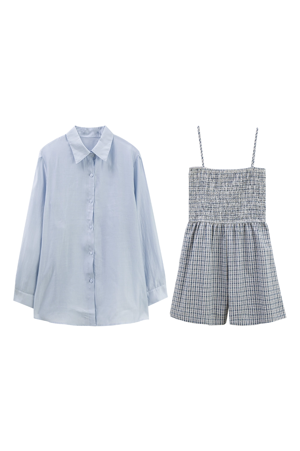 Women's Chic Button-Down Shirt and Gingham Playsuit Set