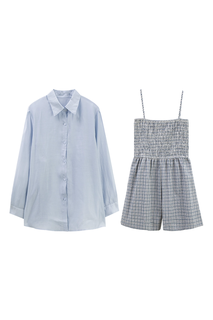 Completo da donna con camicia abbottonata chic e tutina a quadretti