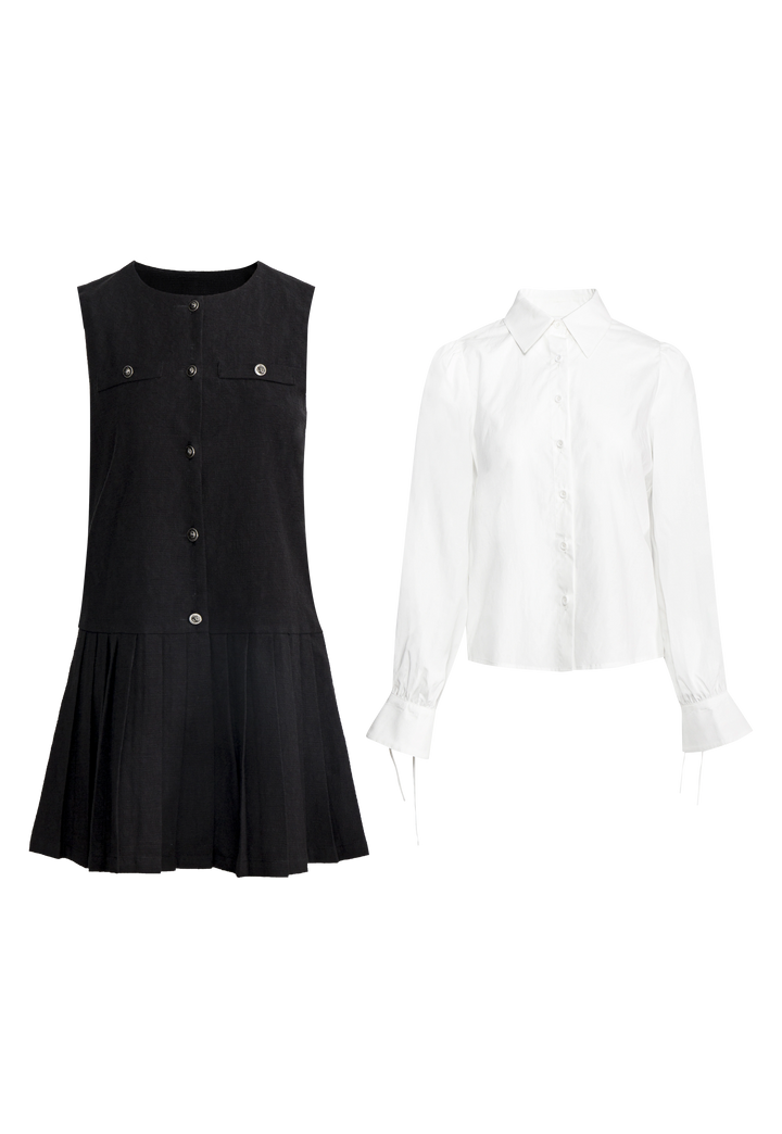 Women's Black Vest Dress with White Shirt Set