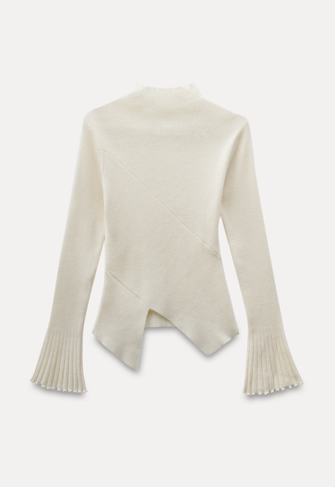 Ribbed High- Neck Sweater with Flared Sleeves