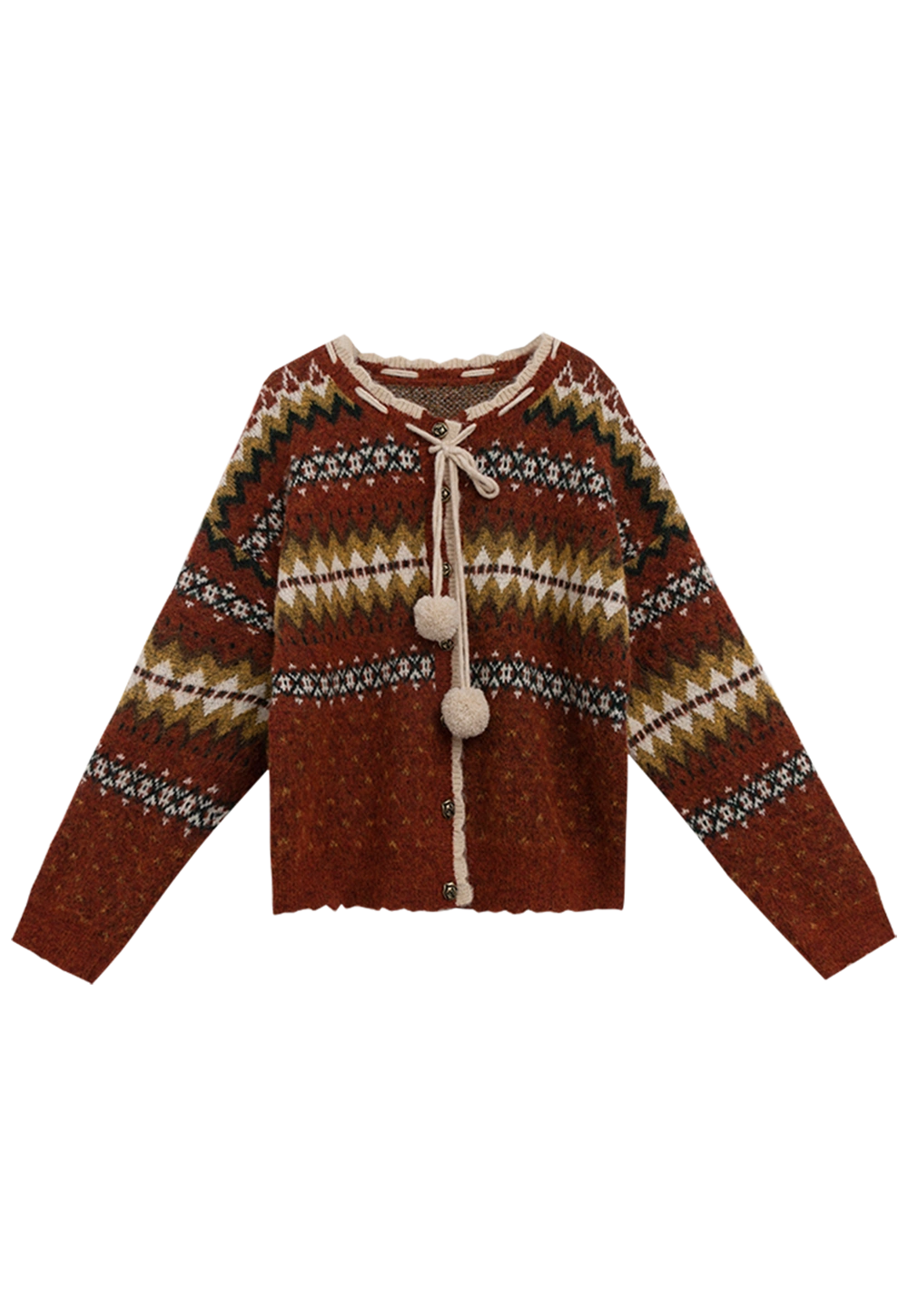 Women's Nordic Pattern Button-Up Cardigan with Tassel Ties
