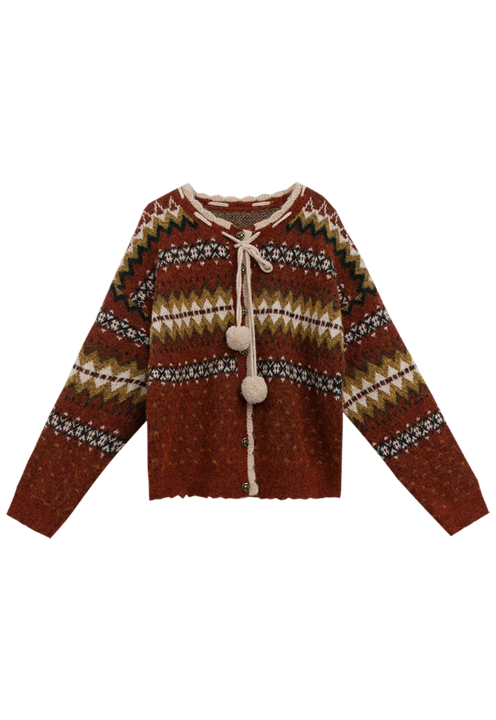 Women's Nordic Pattern Button-Up Cardigan with Tassel Ties