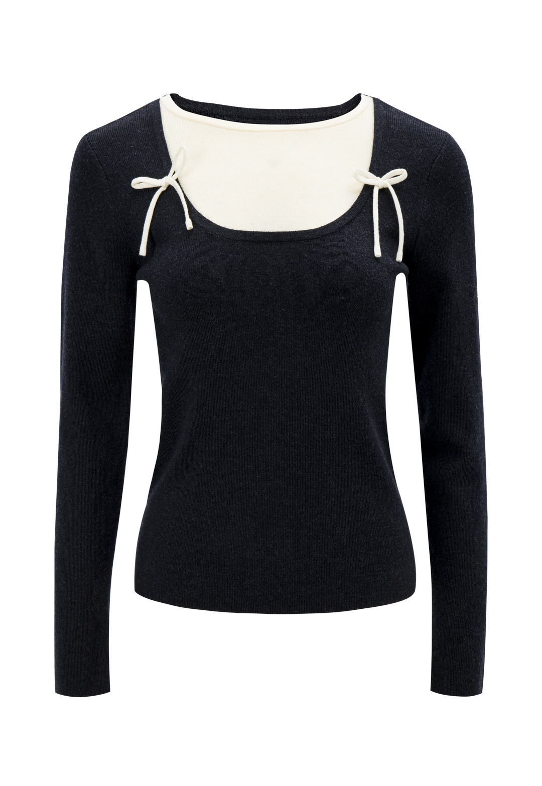 Tied Square Neck Black Long Sleeve Knit Top