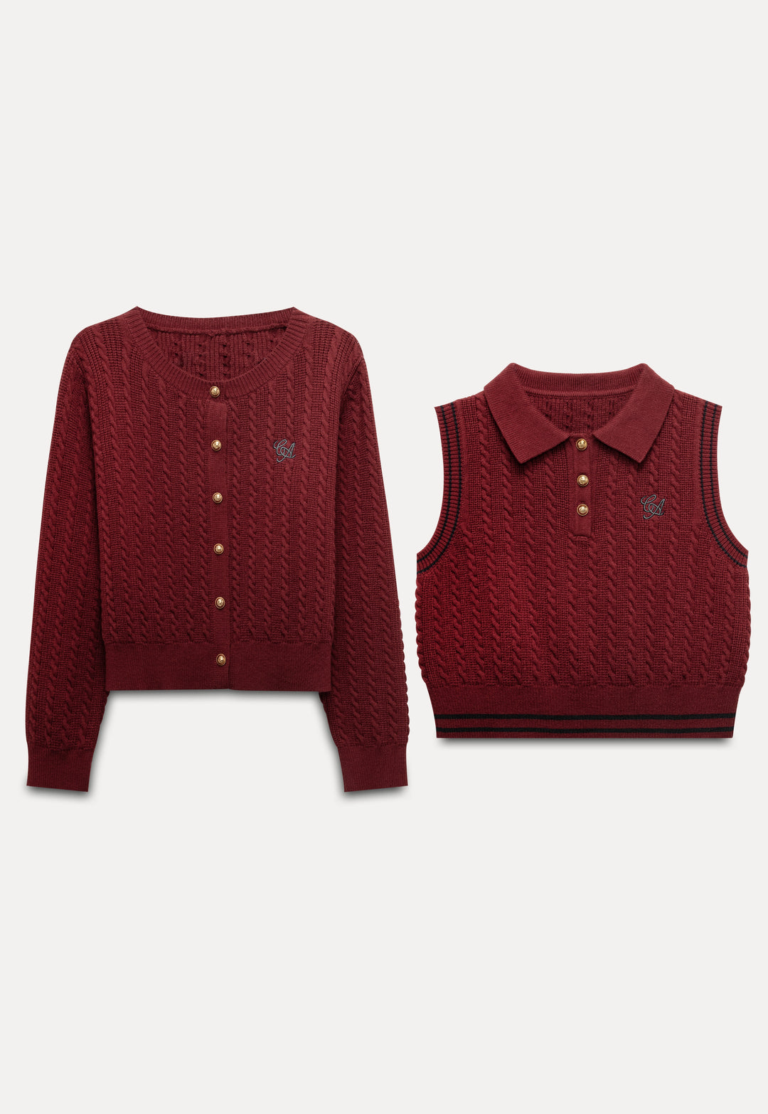 Women's Knitted Cardigan and Sleeveless Polo Sweater Set