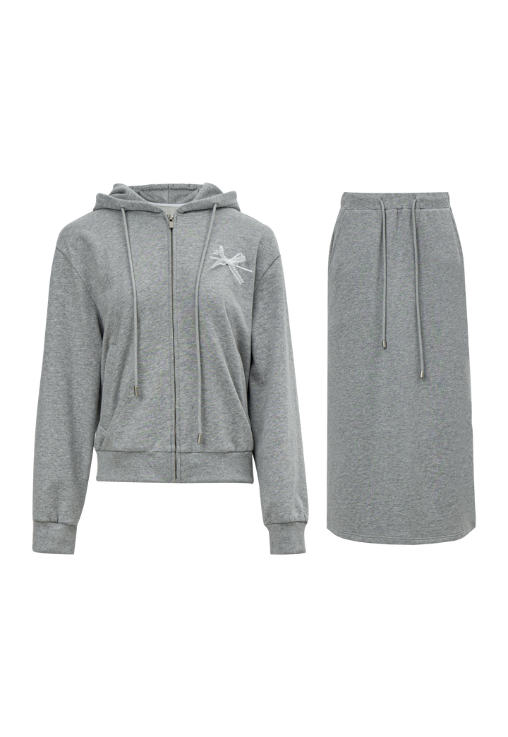 Women's Casual Zip-Up Hoodie and Drawstring Skirt Set