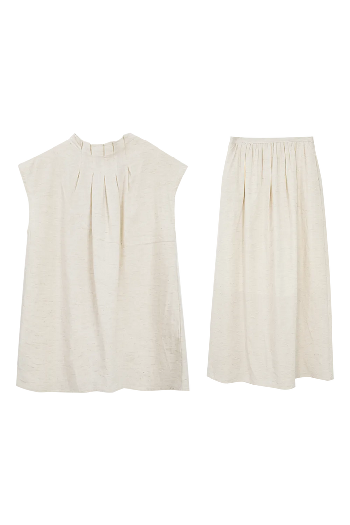 Women's Elegant Pleated Duo: Sleeveless Blouse and Matching Skirt Set