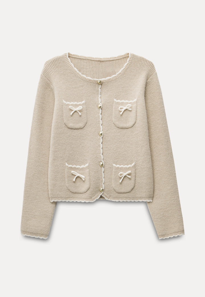 Bow Pocket Trim Knit Cardigan