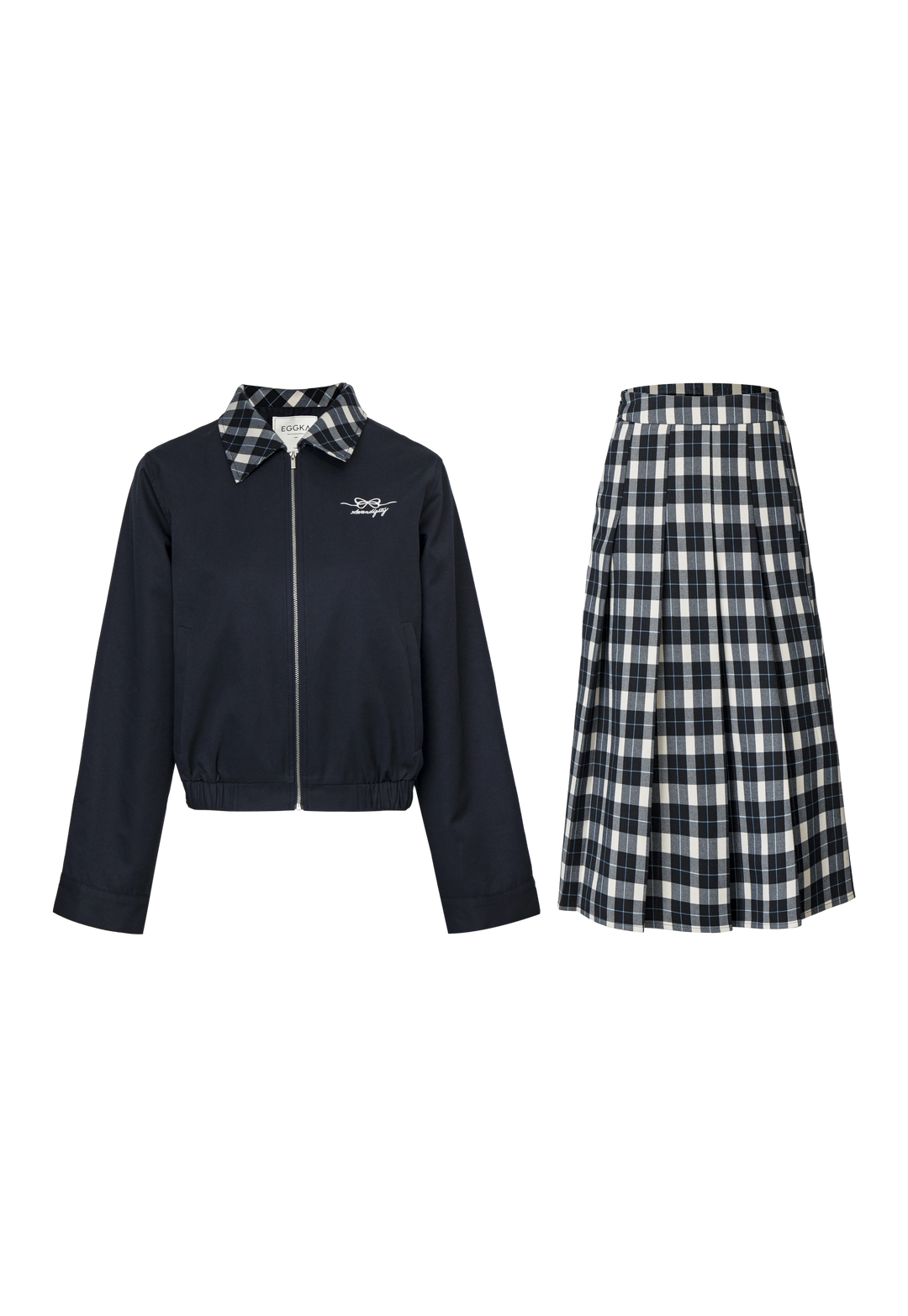 Plaid-Collar Zip-Up Jacket and Matching Plaid Skirt Set