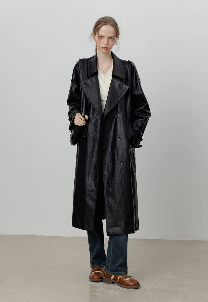 Women's Oversized Double-Breasted Faux Leather Trench Coat