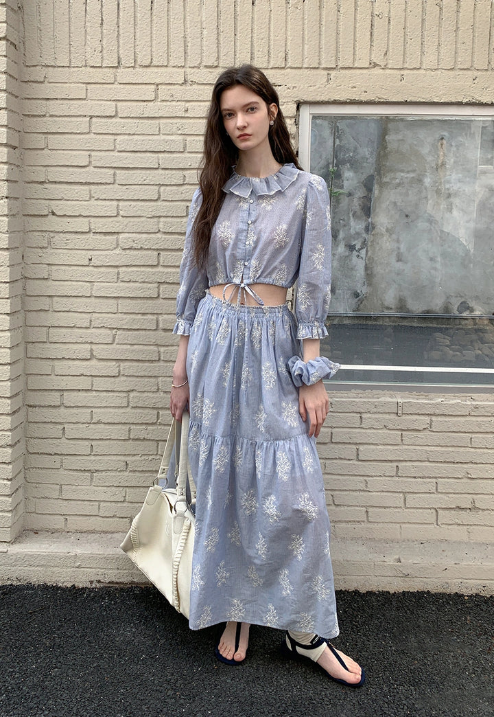 Floral Ruffle Blouse & Tiered Maxi Skirt Set with Scrunchie