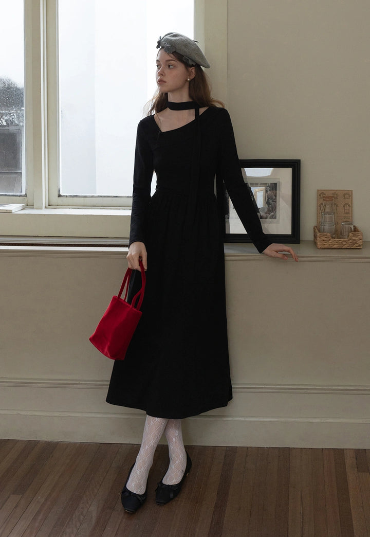 Women’s Long-Sleeve Black Asymmetrical Neckline Midi Dress