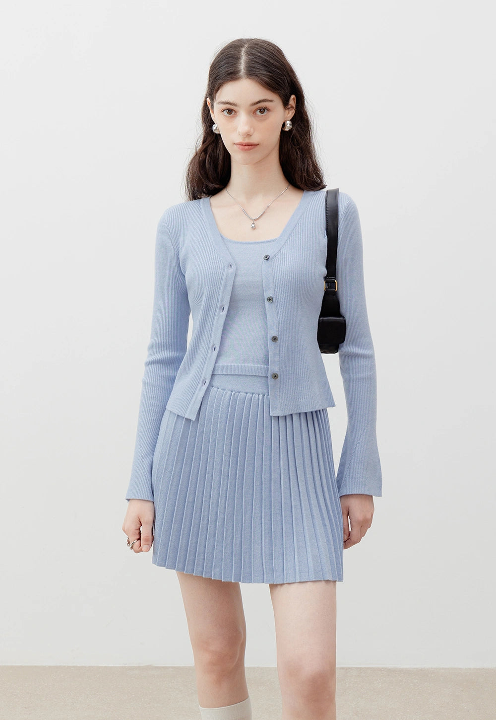 Knit 3-Piece Set: Crop Top, Cardigan, and Pleated Skirt