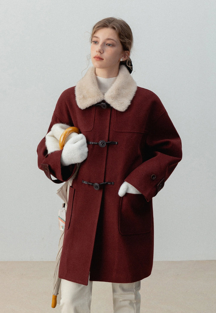 Women's Wool Coat with Faux Shearling Collar