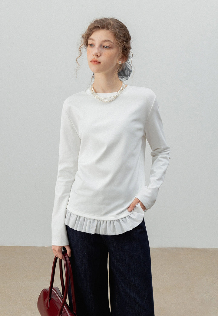 Fleece-Lined T-Shirt with Lace Trim Hem for Women