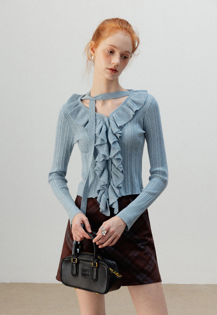 Women's Ruffled V-Neck Long Knit Top