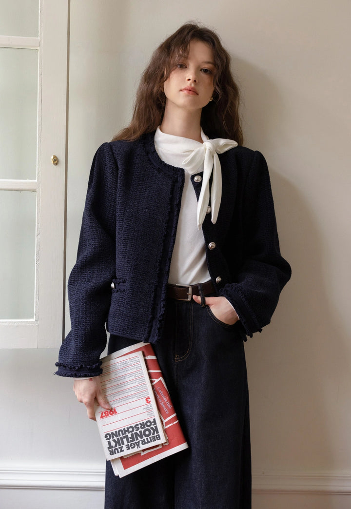 Navy Tweed Pearl-Button Jacket