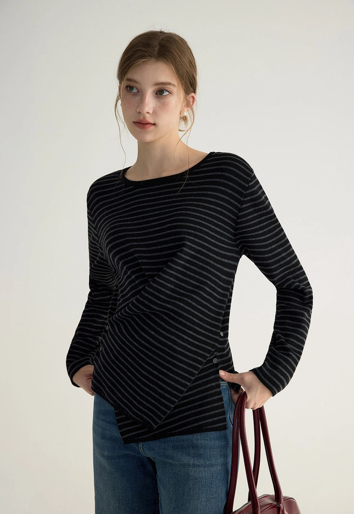 Women's Striped Asymmetric Hem Long Sleeve Top