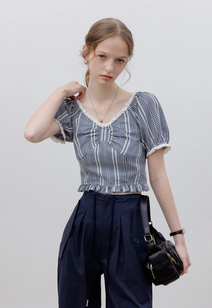 Women's Gingham Puff Sleeve Crop Top