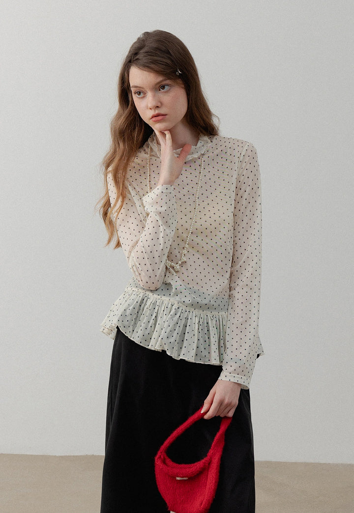 Women's Polka Dot Ruffle Blouse with Pearl Detail