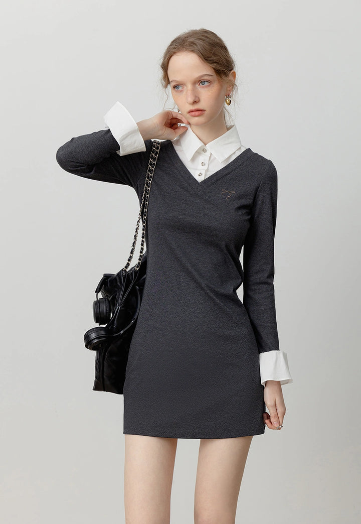 Women's Chic Gray V-Neck Dress with White Collar and Cuffs