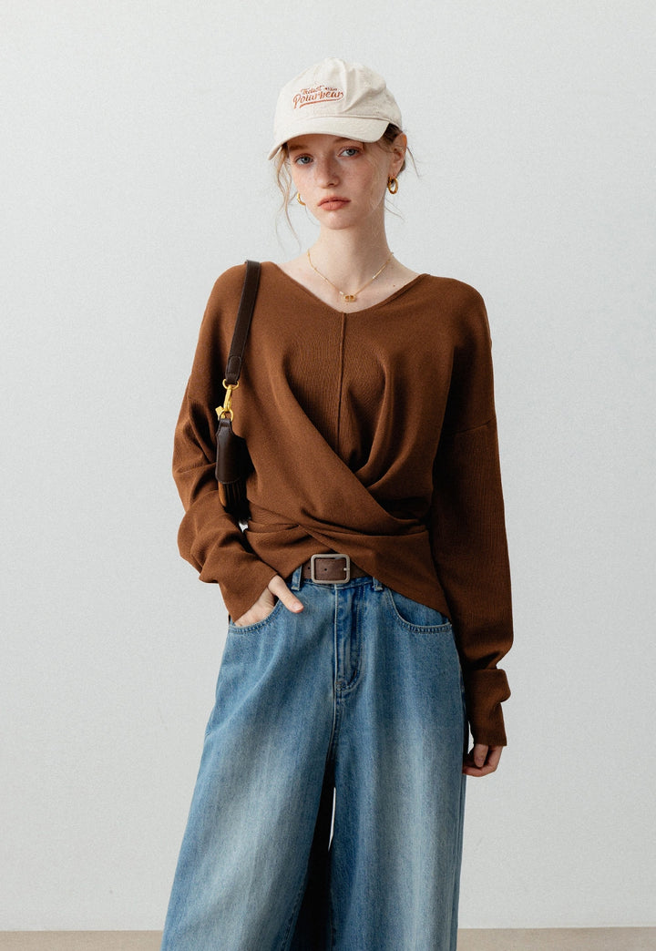 Asymmetric Twist Front Knit Sweater