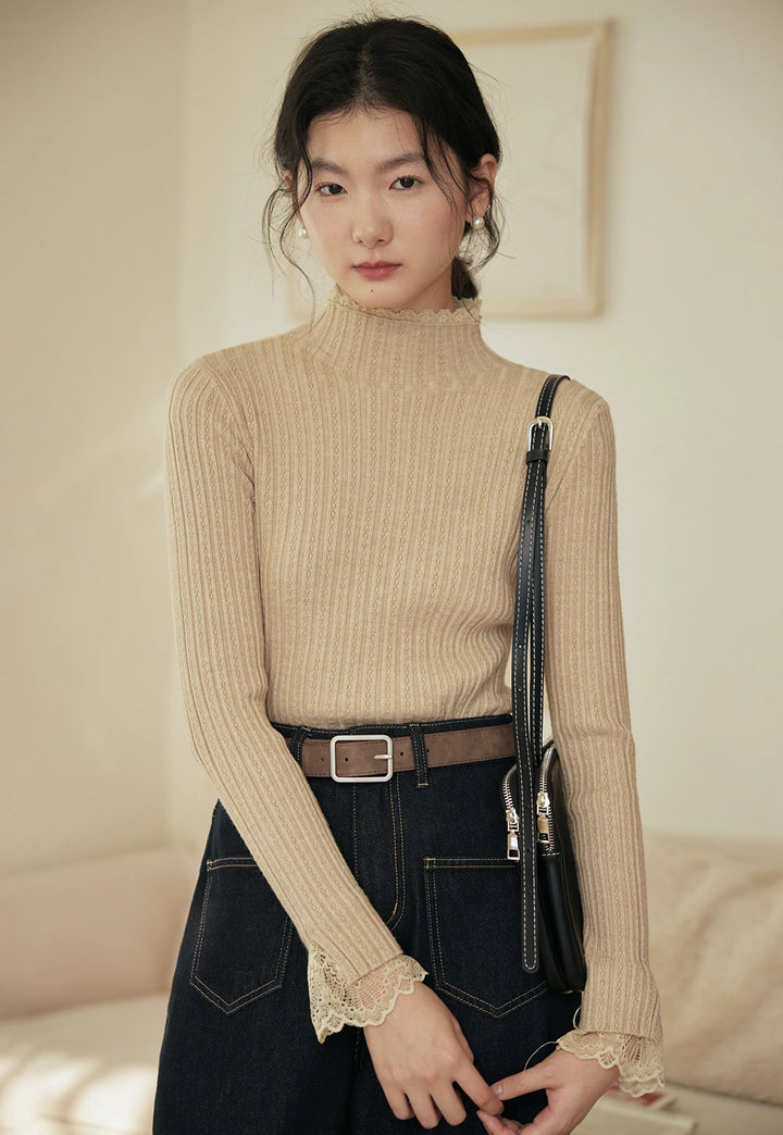 Ribbed Mock-Neck Sweater with Lace Cuff Detail