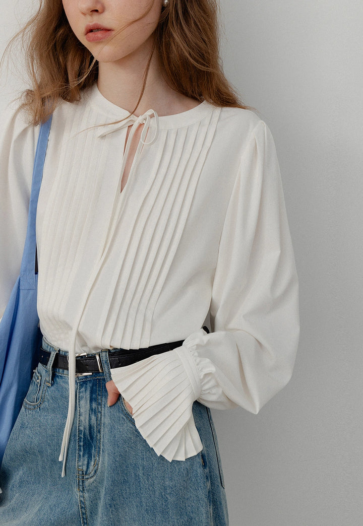 Pleated Sleeve Tie-Neck Long Sleeve Blouse