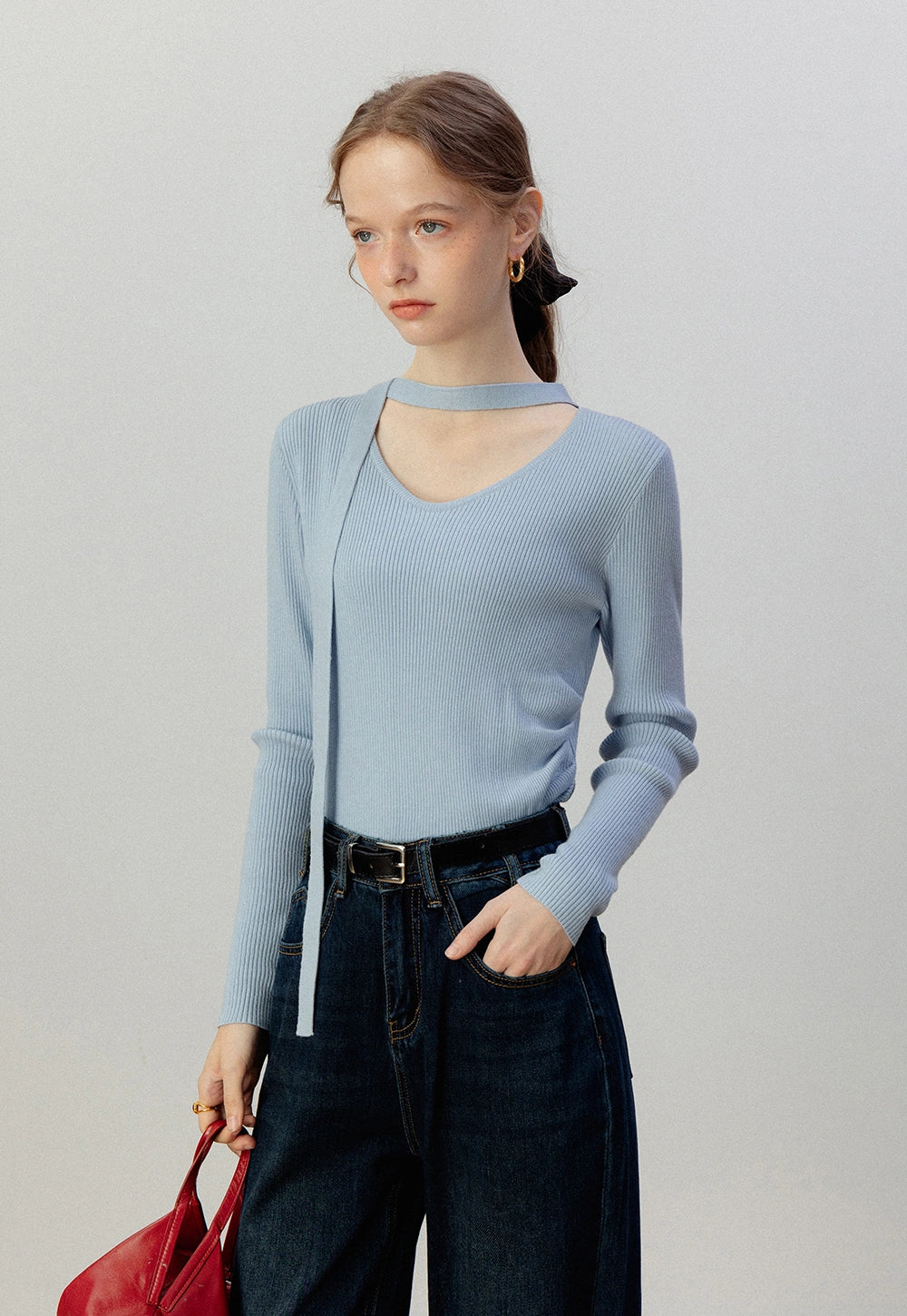 Women's Slim-Fit Knit Long Sleeve Top with Elegant Tie Detail