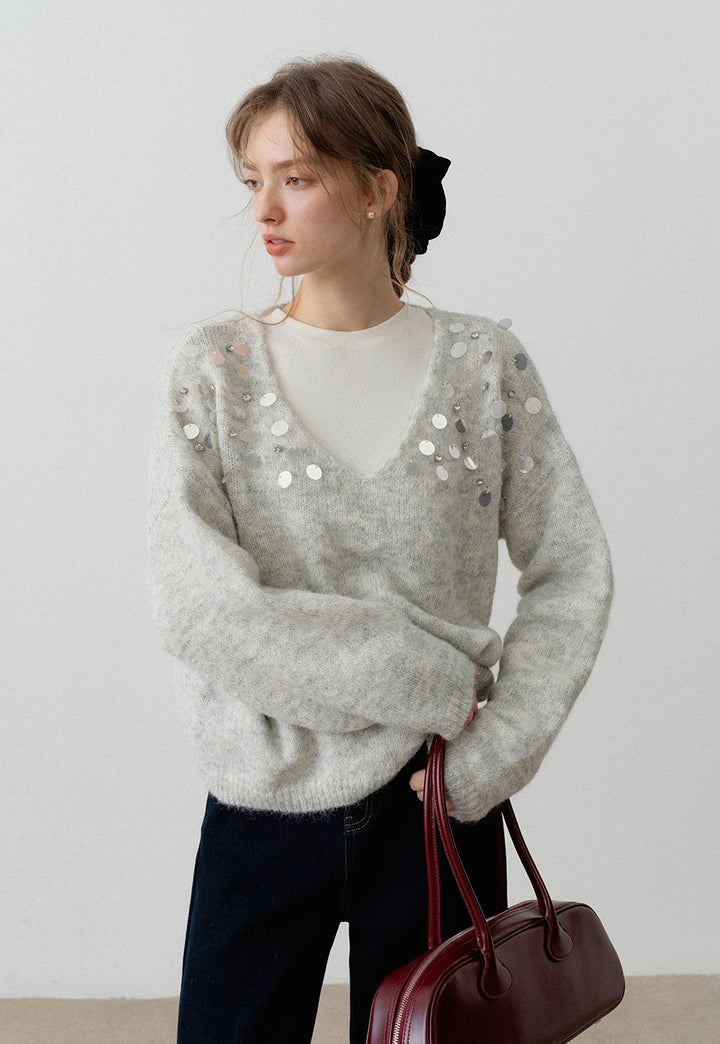 Women's V-Neck Sequin Embellished Knit Sweater