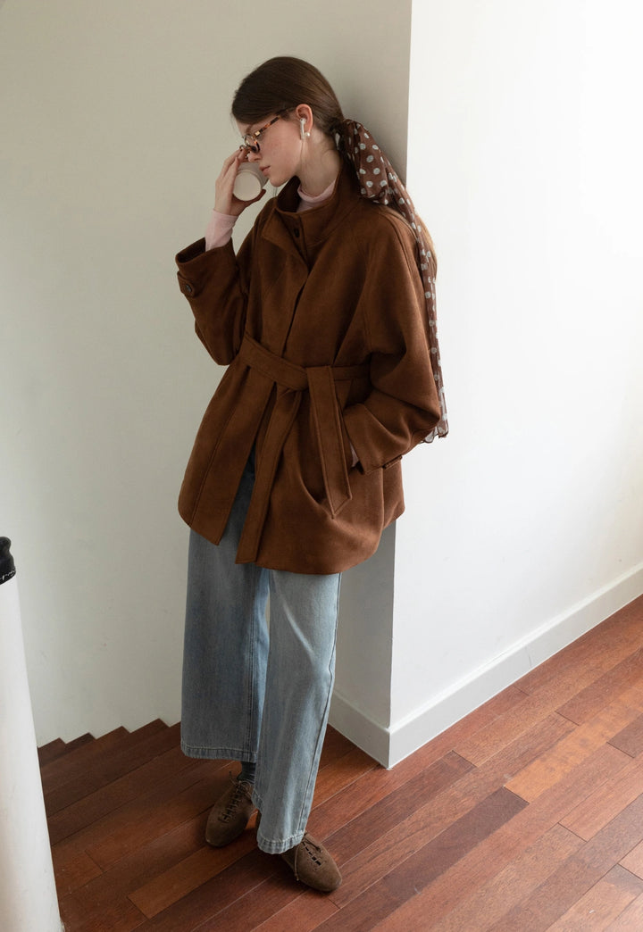 Women's Faux Suede Oversized Jacket with Tie-Detail Sleeves