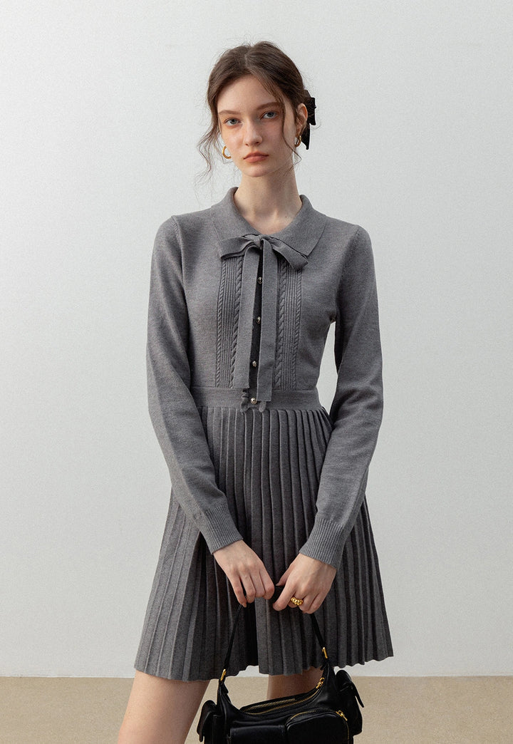 Women's Long-Sleeve Knit Dress with Bow Tie and Pleated Skirt