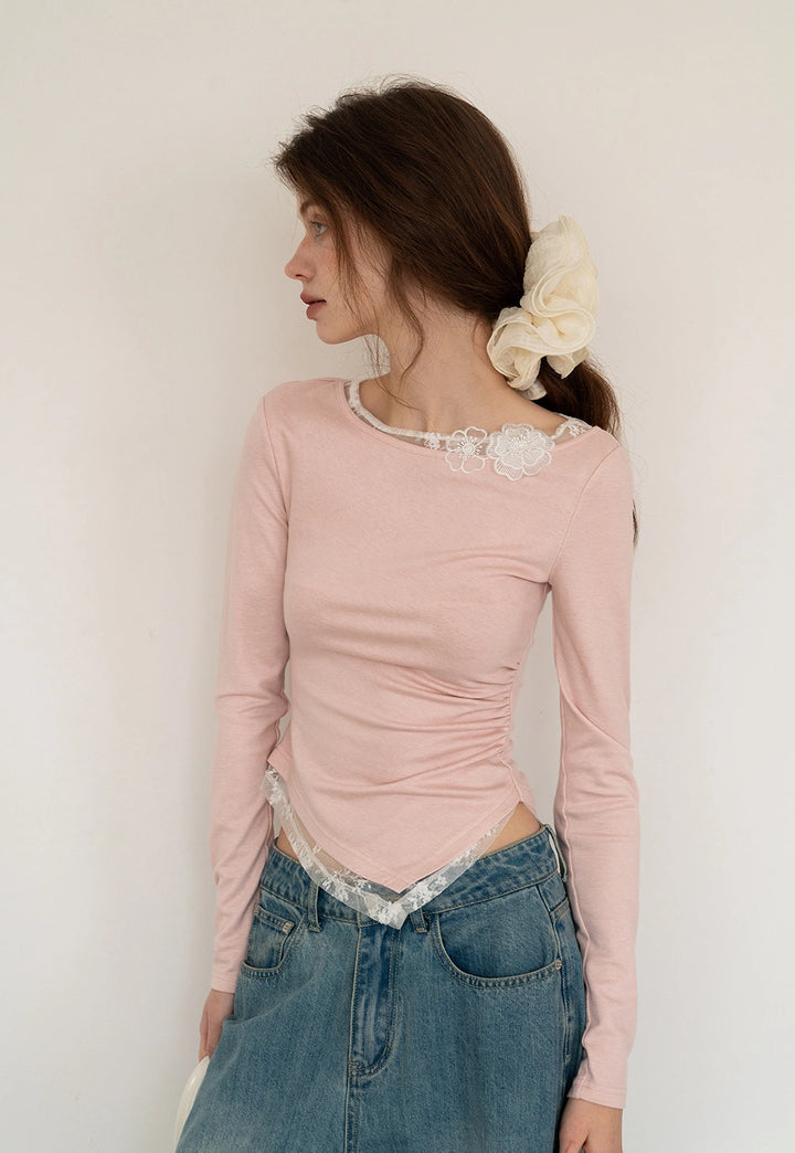 Lace-Panel Faux Two-Piece Long-Sleeve T-Shirt