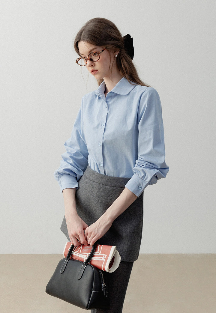 Women's Blue Long-Sleeve Button-Up Shirt with Peter Pan Collar