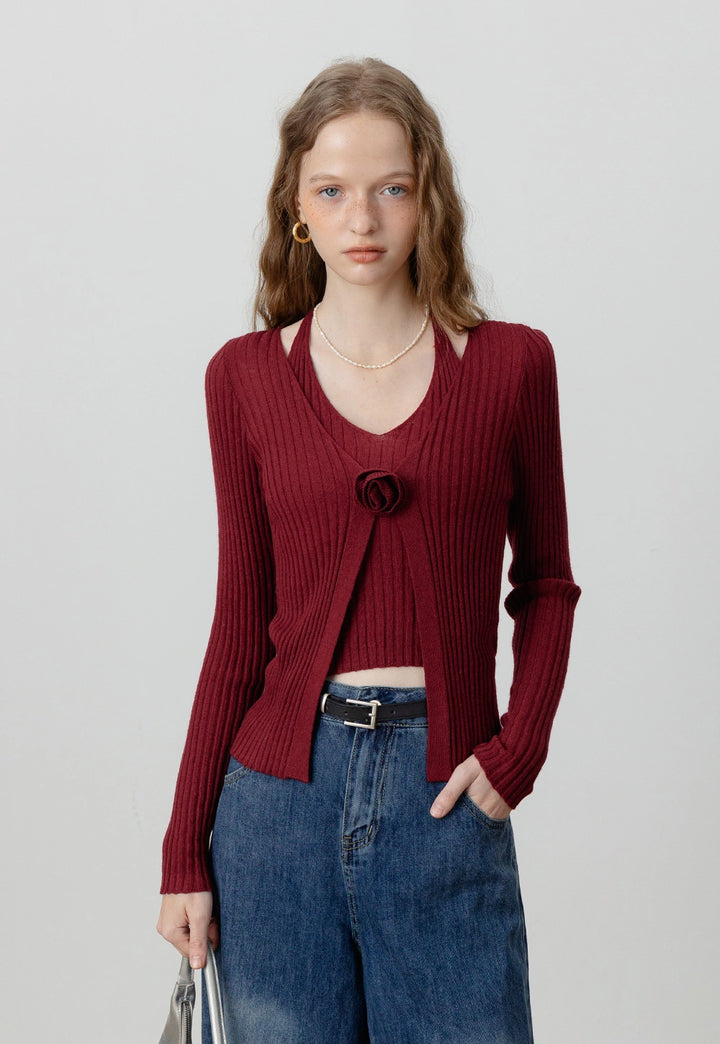 Ribbed Knit Cardigan with Halter Neck