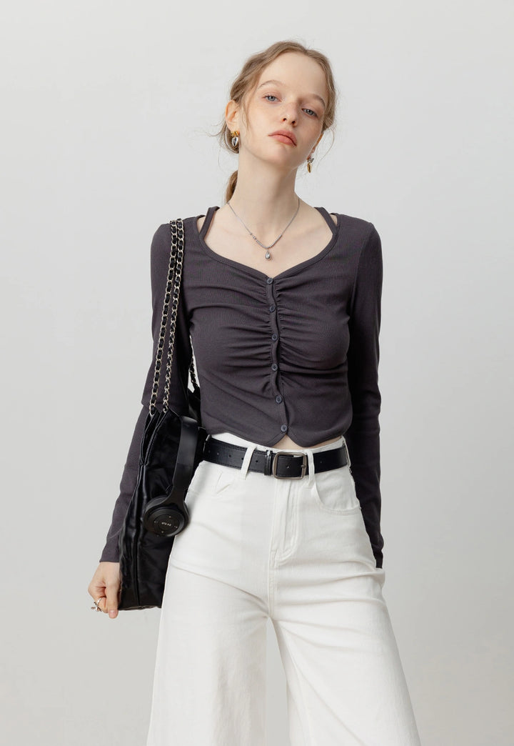 Women's Ruched Button-Up Cropped Knit Long Top