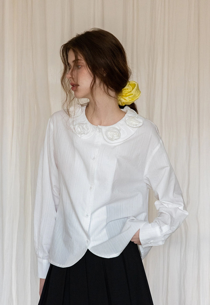 White Button-Up Blouse with Floral Embellished Collar