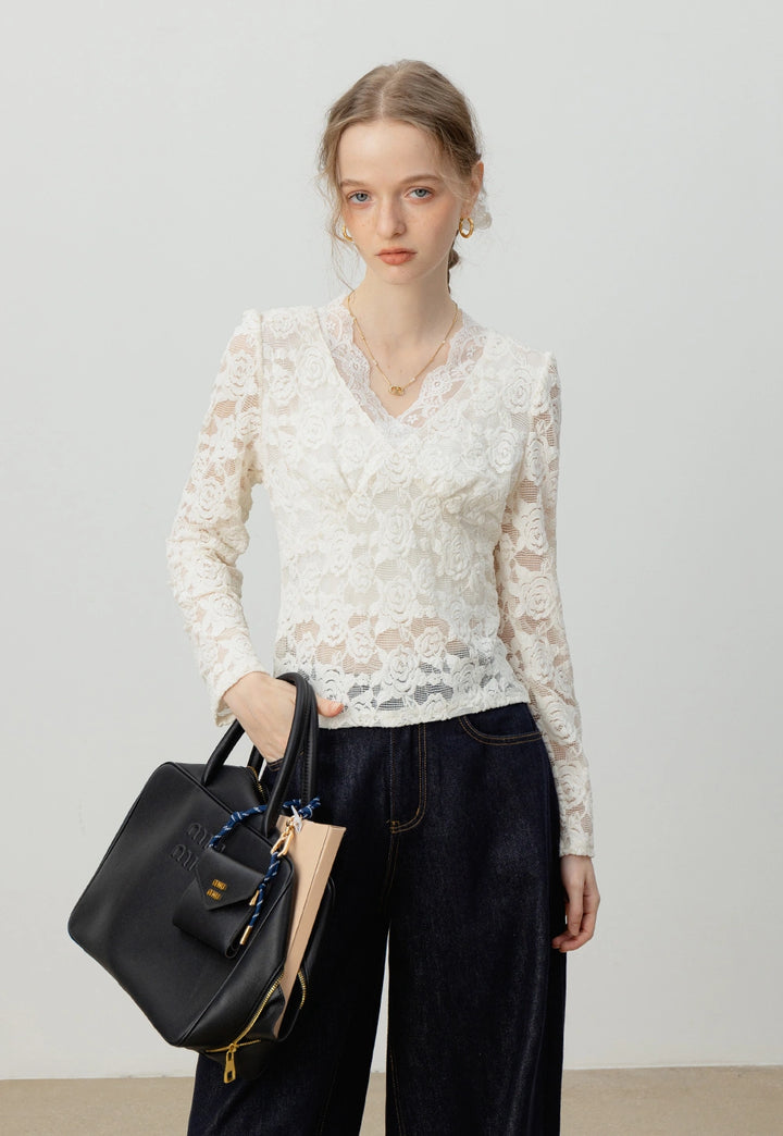 V-Neck Floral Lace Long-Sleeve Top