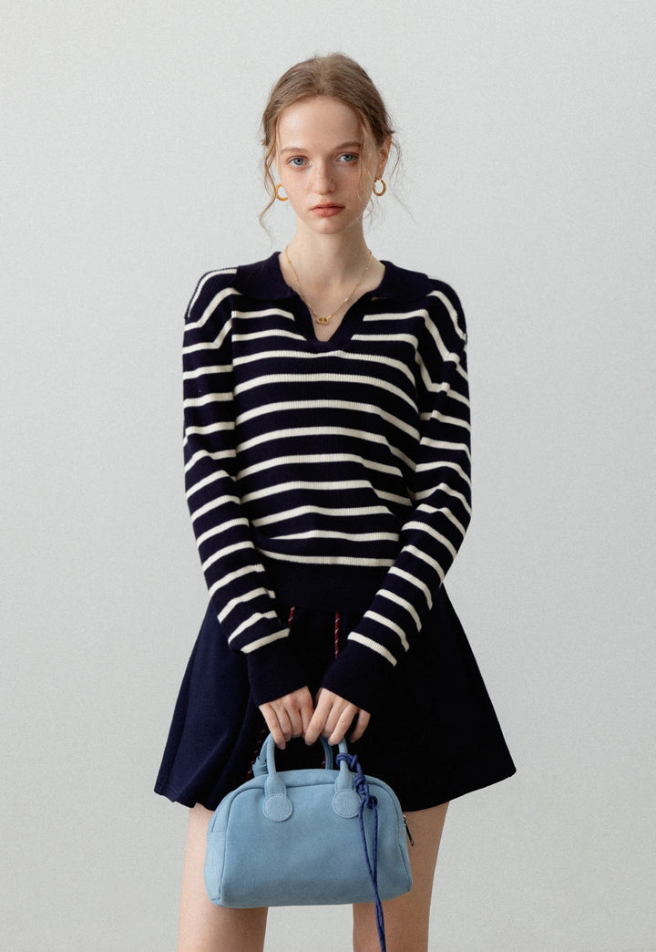 Women's Striped V-Neck Ribbed Knit Sweater