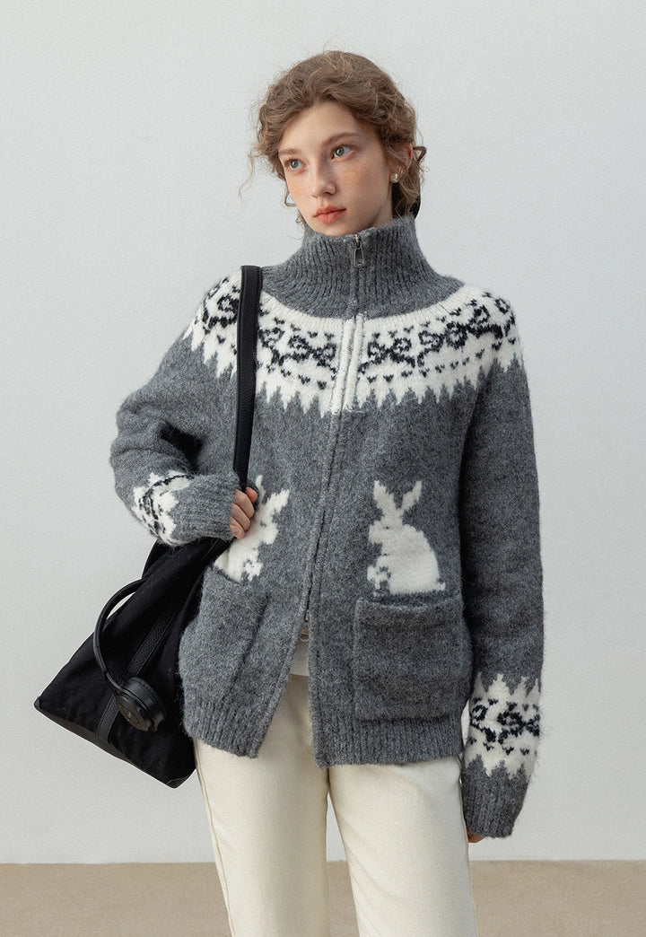 Women's High Neck Rabbit Pattern Zip-Up Knit Cardigan With Pockets